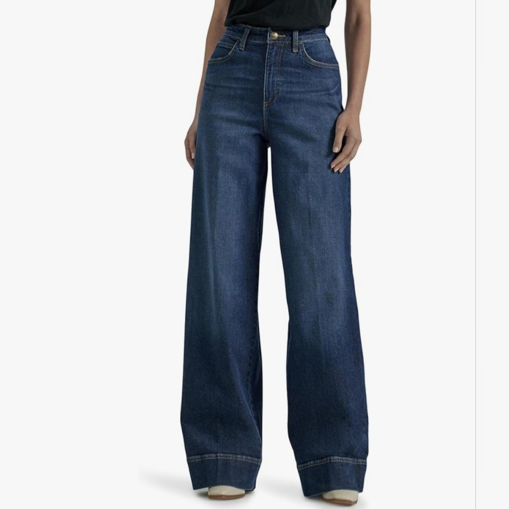 Wide leg dark blue denim jeans